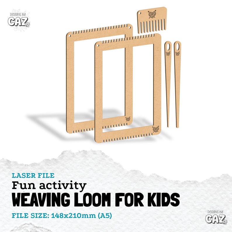 May include: A wooden weaving loom kit for kids, including two rectangular frames, a comb, and two needles. The text "WEAVING LOOM FOR KIDS" is displayed. The file size is 148x210mm (A5).