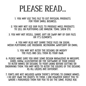 May include: White text on a white background reads "PLEASE READ..." followed by seven numbered points. The text details usage restrictions for digital files, including commercial use for small businesses and prohibitions against mass production and redistribution.