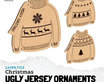 Lasergesneden ornamenten, lelijk jersey ornament, lasergesneden sjablonen, kerstornamenten, kerstmis, jersey, sneeuwvlok, rendier, sneeuw, kerstman
