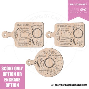 May include: Three different designs for a wooden Santa plate. Each plate has a carrot, candy cane, and cookie for Santa. The text on the plate reads "Dear Santa... Here's a carrot for the reindeer... PS I've been good this year... Here is a cookie in case you are hungry and a candy cane for later."