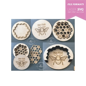Bijenonderzetters, lasersjabloon, direct downloaden, huishoudartikelen, houten onderzetters, bijenkorf, bijen, Glowforge, lasersnijden en -graveren, SVG
