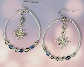 Ice Star Earrings/Hand Beaded Hoop Earrings/Dangle Hoop Earrings