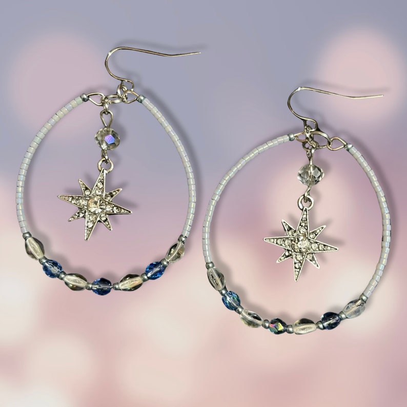 Ice Star Earrings/Hand Beaded Hoop Earrings/Dangle Hoop Earrings image 1