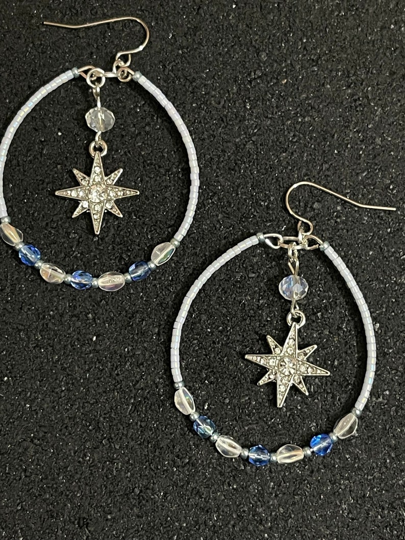 Ice Star Earrings/Hand Beaded Hoop Earrings/Dangle Hoop Earrings image 2