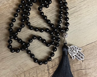 Hand Knotted Black Obsidian Mala/ Individually knotted Mala Beads/Black Obsidian