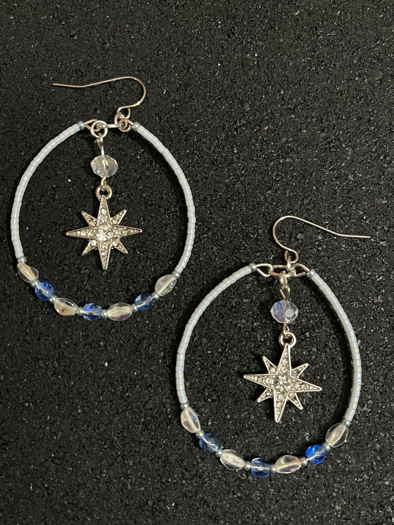 Ice Star Earrings/Hand Beaded Hoop Earrings/Dangle Hoop Earrings image 3