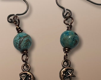 Copper Moon and Star Drops with Crazy Lace Agate