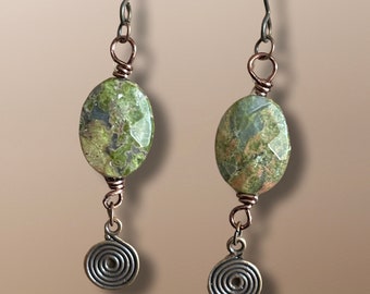 Faceted Unikite with Copper swirl drops earrings