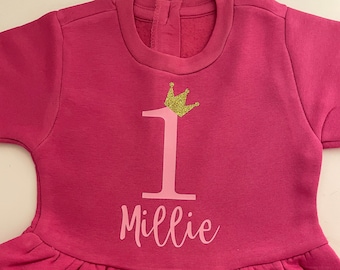 Personalised Birthday Children's Fleece Dress, Baby Toddler Kids, Pink, Grey Name Girls Outfit Gift Birthday 1st 2nd 3rd 4th 5th 6  cotton