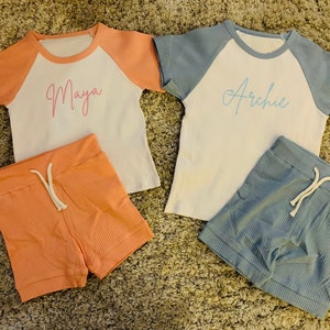 Personalised Children&#39;s T-shirt and Shorts Set Name Baby Toddler Kids Ribbed Custom Girls Boys Outfit Gift cotton Top Birthday Pink Blue