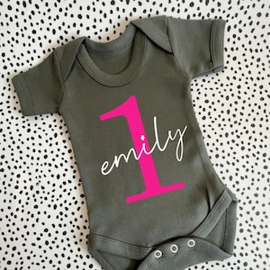 1st Birthday One Baby Birthday Khaki Short Sleeved Bodysuit 1st Birthday 1 vest New Baby sleepsuit Baby Happy Birthday Romper, Baby Gift