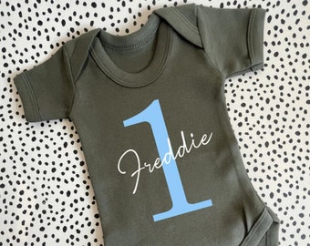 Personalised 1st or 2nd Birthday Baby Bodysuit, Name Sleepsuit, Birthday Vest, 1st, 2nd, Khaki Gift, Boy Romper, Girl Vest, One, Two, Crown