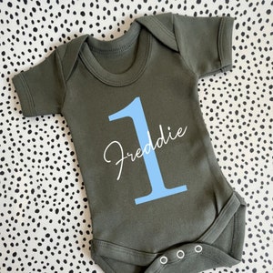 Personalised 1st or 2nd Birthday Baby Bodysuit, Name Sleepsuit, Birthday Vest, 1st, 2nd, Khaki Gift, Boy Romper, Girl Vest, One, Two, Crown