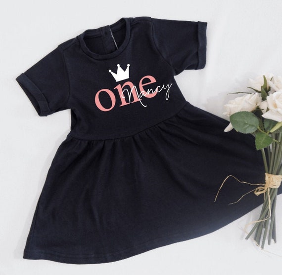 Personalised Name Children's Black Dress, Baby Toddler Kids Black Age Girls  Outfit Gift Birthday Crown Gold Pink Toddler cotton