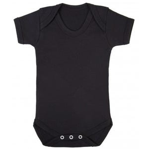 May include: A solid black baby bodysuit with short sleeves and a round neckline. The bottom of the bodysuit has three white snaps for easy closure. The garment is made of a soft, opaque fabric.