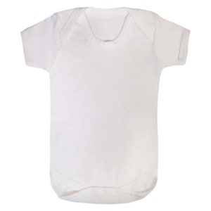 May include: A plain white baby bodysuit with short sleeves. The one-piece garment has a round neckline and snaps at the bottom for easy changes. The bodysuit is made of a soft, lightweight fabric.