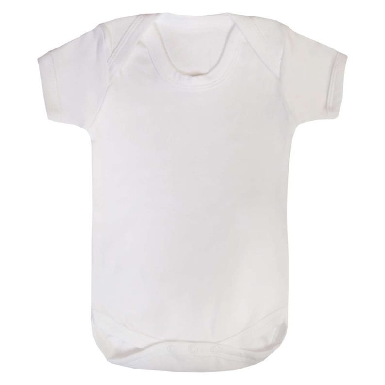 May include: A plain white baby bodysuit with short sleeves. The one-piece garment has a round neckline and snaps at the bottom for easy changes. The bodysuit is made of a soft, lightweight fabric.
