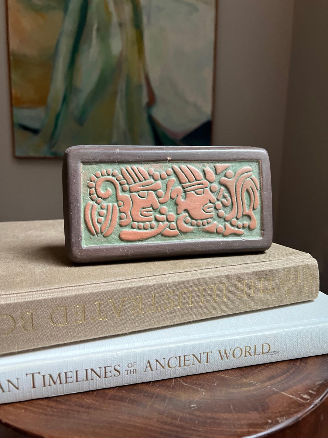 Vintage Terracotta Aztec Trinket Box ( L7.8