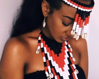 Oromo Traditional Beaded Necklace, Headpiece & Earrings