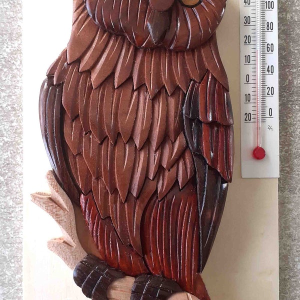 thermometer with solid wood owl figure