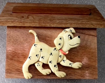 Personalized wooden Dalmatian piggy bank with your first name offered