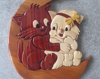 two kittens varnished wooden door sign customizable with a first name offered on the moon
