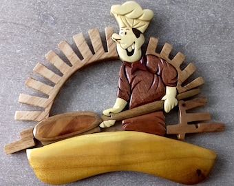 wooden door sign for pizzeria or pizza maker or baker, inscription offered