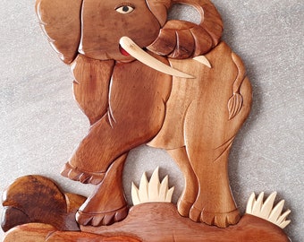 large wooden elephant wall plaque