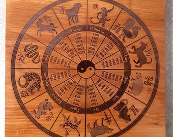 Chinese zodiac calendar in varnished wood laser engraved solid wood