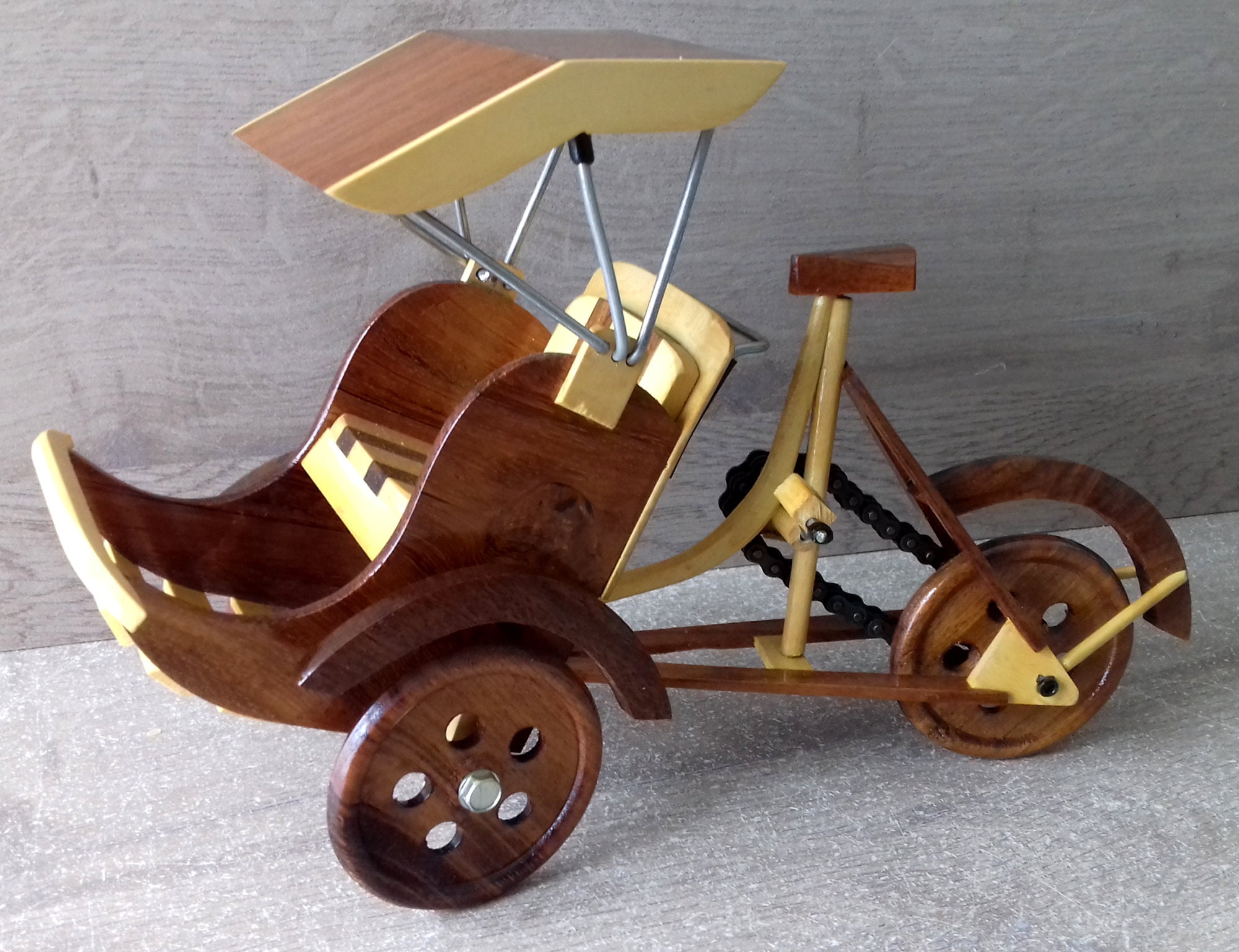 Handcrafted Wooden Rickshaw Model Asian Miniature Transportation Unique ...