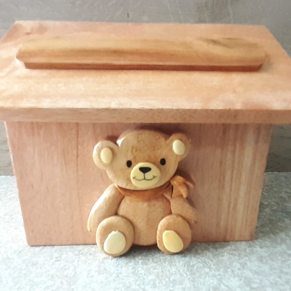 Customizable wooden teddy bear piggy bank with your first name offered