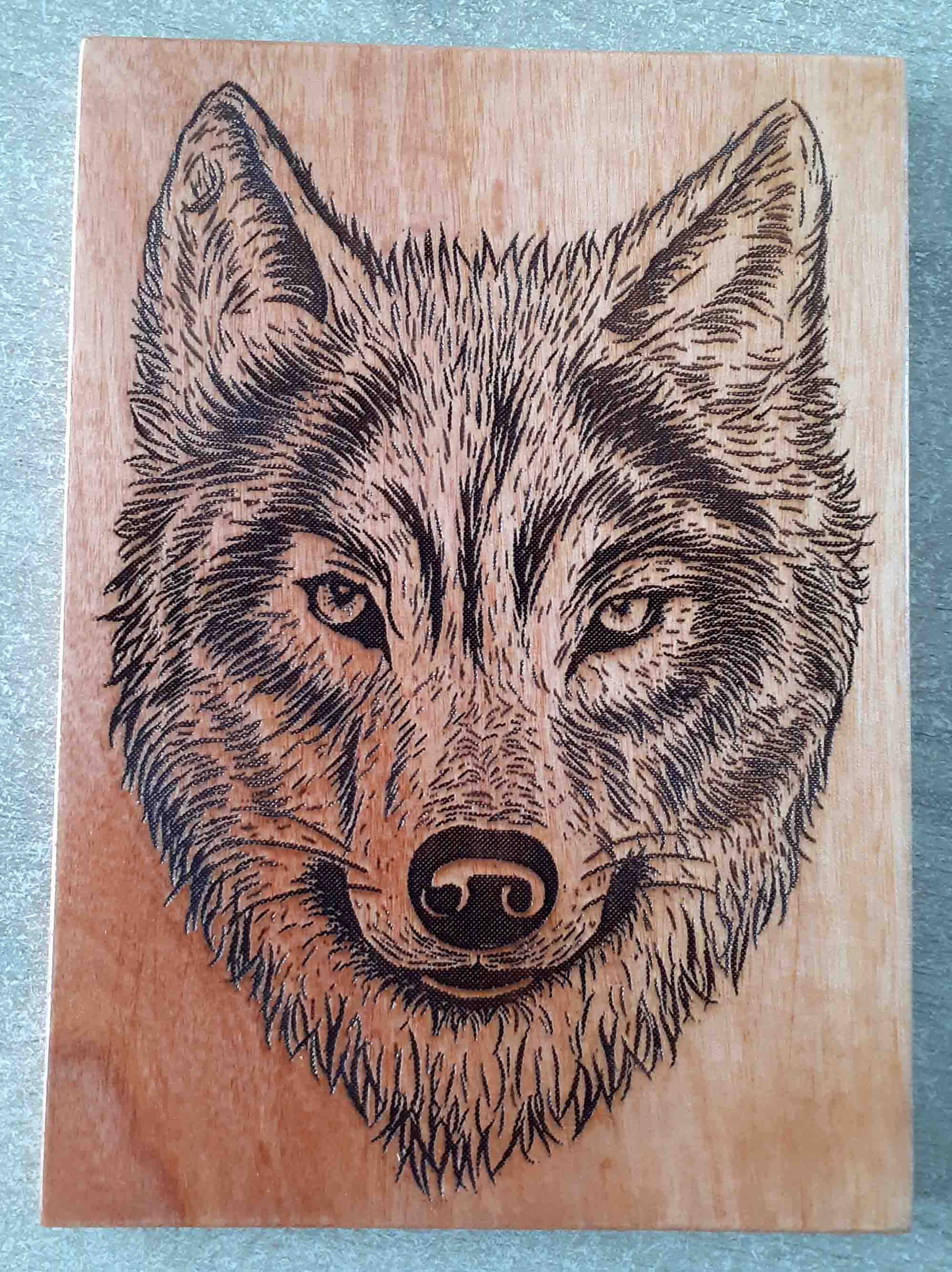 Gravure Au Laser Du Loup sur Bois Vernis Pour Collectionneur
