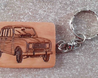 4L key ring laser engraved on varnished wood and on both sides for collectors and lovers of the 4L