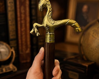 Handcrafted Horse Head Walking Cane, Polished Metal Handle, Hardwood Folding Stick (Equestrian Gift)