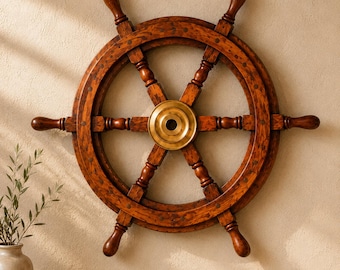 Handmade Wooden Ship Wheel Wall Decor, Polished Brass Center, Nautical Accent Piece
