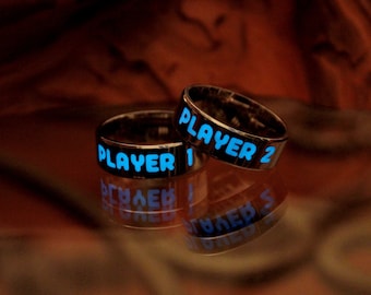 Player 1 & Player 2 Glow In The Dark Ring - Gamer Ring - Silver