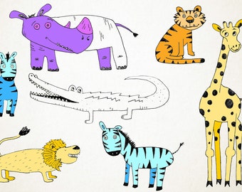 JUNGLE ANIMALS Ink CLIPART, zebra, rhino, tiger, lion, giraffe, greeting, invite, baby shower, kids birthday party clipart