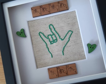 Love You British Sign Language (BSL) Scrabble tile frame with cross stitched Love you handshape.