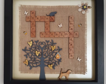 British Sign Language Scrabble tile crossword style family frame with tree and pet detail.