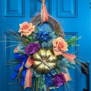 Fall Wreath for Front Door, Bright Fall Wreath, Gold Foil Pumpkin, Outdoor Fall Wreath, Wreath for homeowner, Elegant Fall Wreath