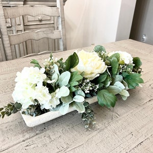 Lambs Ear & Eucalyptus Dough Bowl Table Centerpiece, Modern Farmhouse Table Decor, Wedding Table Arrangement