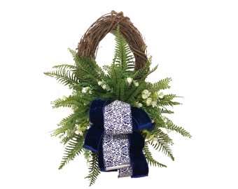 Blue and White Chinoiserie Wreath for front door, Mothers Day Wreath, Housewarming Gift, Summer Everyday Decor