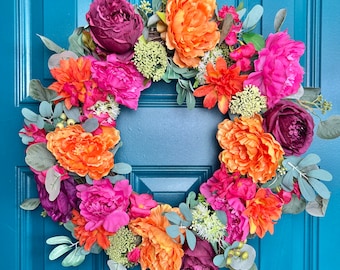 Summer Floral Wreath for Front Door, Bright Summer Flowers, Summer Porch Decor, Wreaths for Front Door,