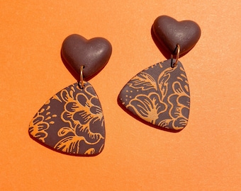 Spiced Orange Dangle Drop Earrings, Brown Triangle Earrings with Orange Floral Motif, Polymer Clay Statement Earrings