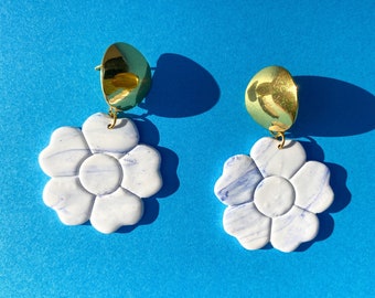 WHITE FLORAL EARRINGS, White Dangle Drops with Round Gold Studs, Large Lightweight Minimalist, Polymer Clay Bridal Earrings
