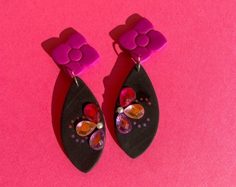 HOT PINK EARRINGS, Black Petal Dangle Drops with Fuchsia Floral Stud, Polymer Clay Statement Earrings, Valentine's Day