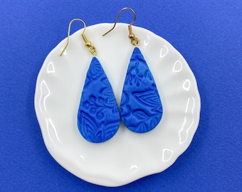 BLUE TEARDROP EARRINGS, Blue Textured Teardrop Earrings, Wedding Jewellery, Polymer Clay Statement Earrings