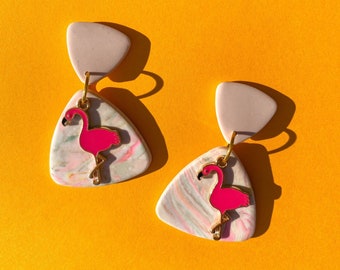 Pink Triangle Dangle Drops, Pink Marble Earrings with Flamingo Charm, Medium Lightweight Boho Chic Polymer Clay Statement Earrings