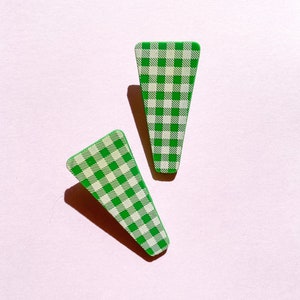 Green Gingham Hair Clips, Gingham Hair Barrette Set with Alligator Clips, Polymer Clay Hair Accessories image 1