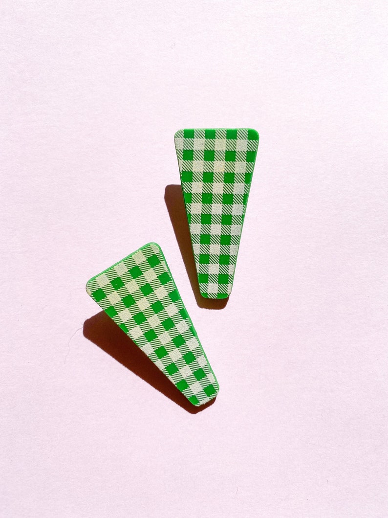Green Gingham Hair Clips, Gingham Hair Barrette Set with Alligator Clips, Polymer Clay Hair Accessories image 1